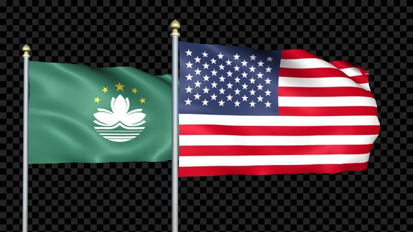 Macau And United States Two Countries Flags Waving
