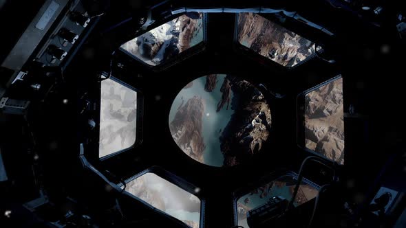 Glaciers and the Andes Mountains through the Porthole of the ISS.