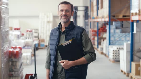 Portrait of smiling caucasian man in a warehouse. Shot with RED helium camera in 8K.