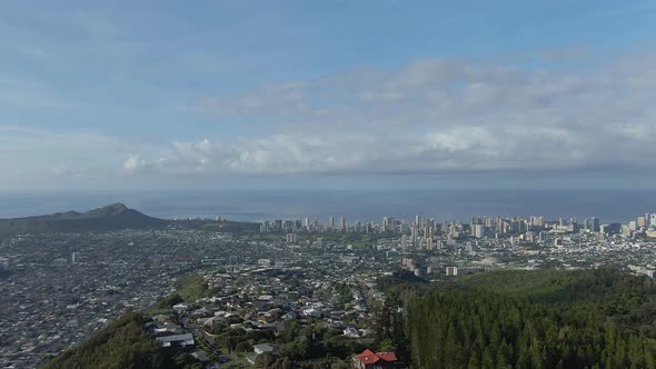Aerial view of Wa'ahila Ridge overlooking the Waikiki cityscape