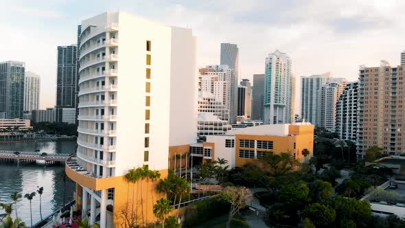 Amazing Drone Aerial View of Downtown Miami and Brickell Key at Dawn Florida