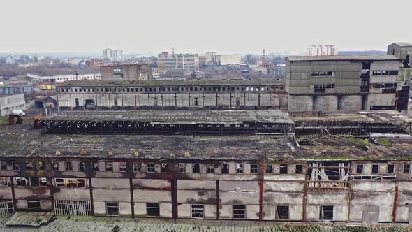 Aerial view of an abandoned industrial plant. Abandoned old chemical factory.