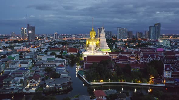 Aerial view of the Giant Golden Buddha in Wat Paknam Phasi Charoen Temple in Phasi Charoen