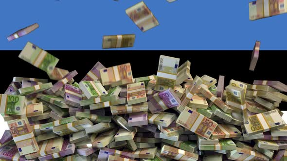 Euro Banknotes falling in front of flag of Estonia