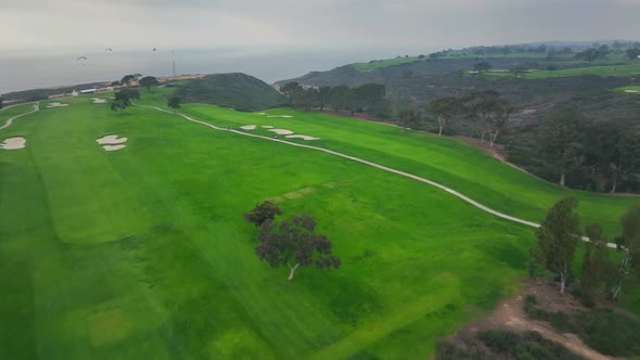 verdant grass of Torrey Pines Golf Course in La Jolla community, San Diego, California. Aerial