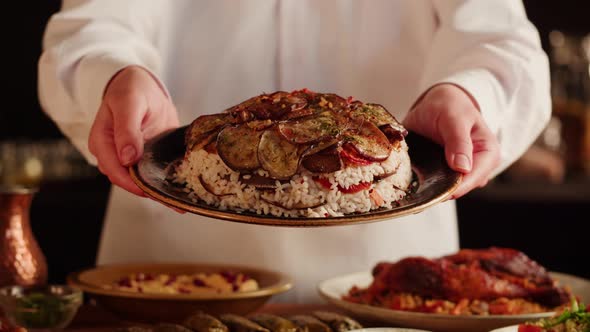 Maqluba Dish Closeup Rice and Vegetables Arabian National Traditional Food