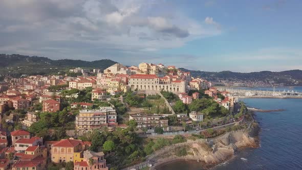 Imperia Borgo Prino Porto Maurizio aerial view. Liguria, Mediterranean sea, Italy. Coastline panoram