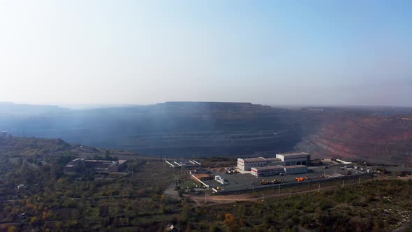 Aerial View of Management Building Near a Huge Quarry at Southern Mining Factory in Ukraine