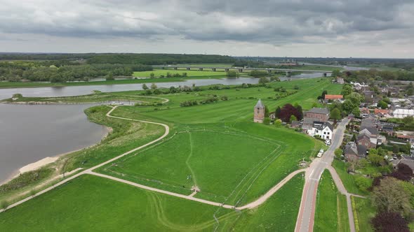 Heteren Village on the River Lower Rhine in the Dutch Province of Gelderland Aerial Drone View of