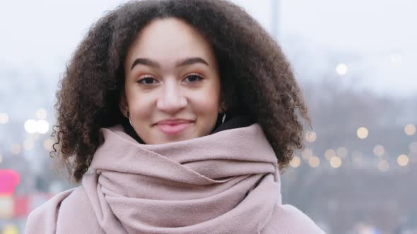 Closeup Beautiful Happy Woman Young African American Girl Model Client Lady with Curly Hair Stands