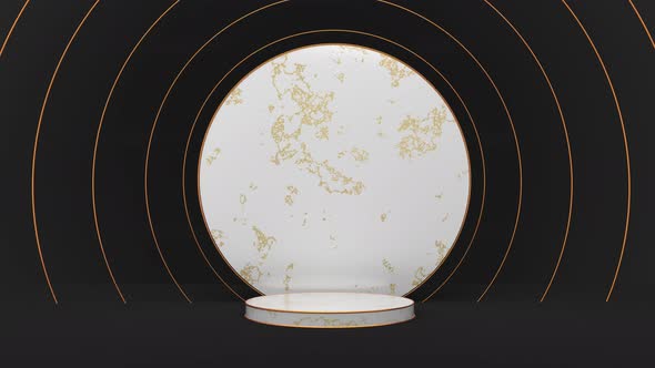3D animation of an expensive podium made of white and gold marble with geometric decoration-rings.