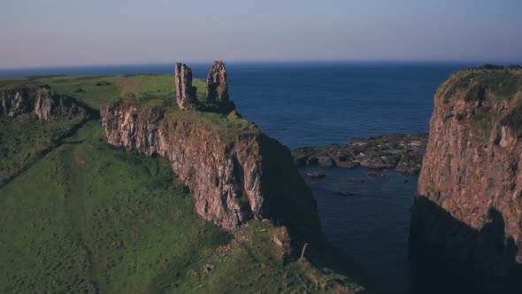 Ruins of Dunseverick Castle, Antrim Coast, Northern Ireland. Aerial drone view