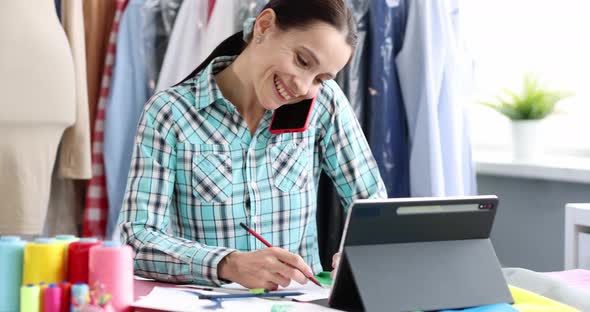 Woman Designer Placing Order By Phone and Drawing Sketch of Clothes  Movie