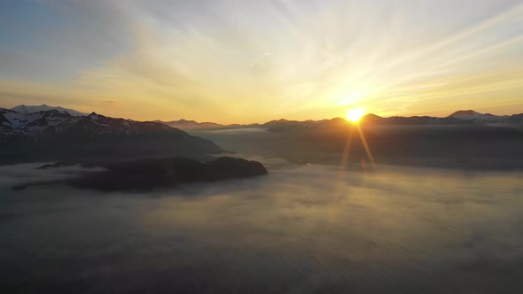 Aerial view of Dutch Harbour at sunset, Unalaska, Alaska, United States.