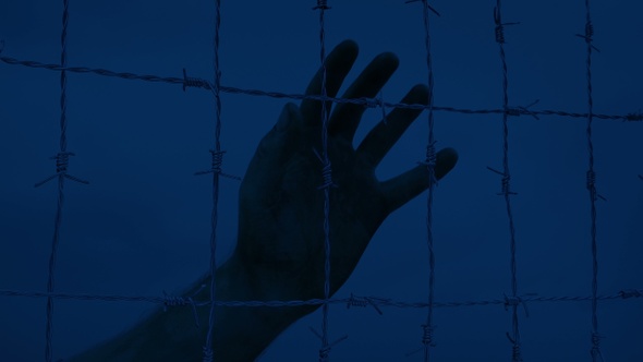 Prisoner Grasps Wire Fence At Night