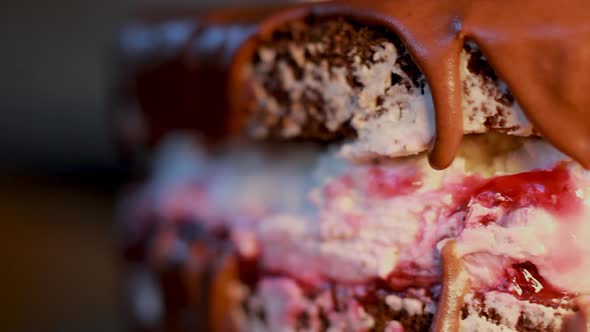 Extreme close up macro footage of Polish Wuzetka Dessert chocolate sponge cake