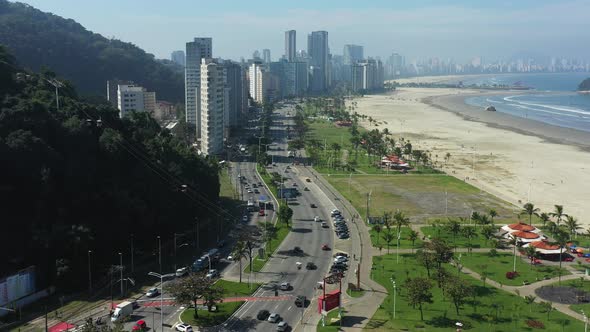 Panning wide landscape of coast city of Sao Vicente state of Sao Paulo Brazil.