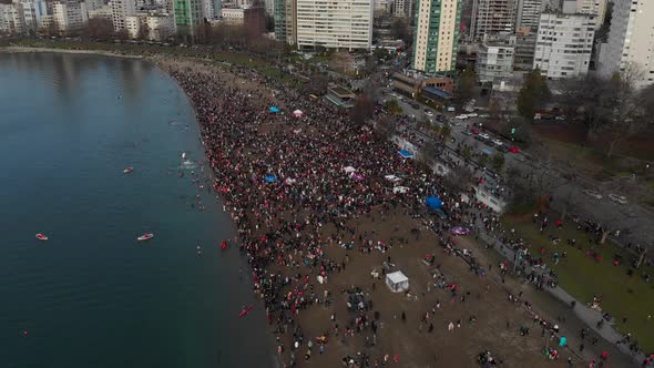 Various drone shots at English Bay near downtown Vancouver, BC during Polar Bear 2019 event