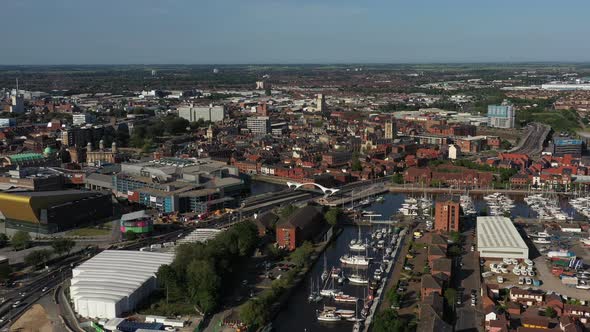 High aerial drone view of the City of Hull whilst moving to the left to reveal the city centre.