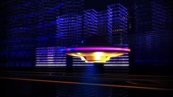 Unidentified Flying Object. Neon Outlines On Black Background. Digital World. alt