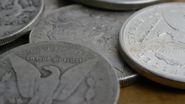 Rotating stock footage shot of antique American coins