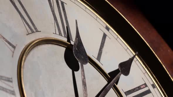 TIMELAPSE, CLOSE UP, ZOOM OUT, an antique clock with roman numerals