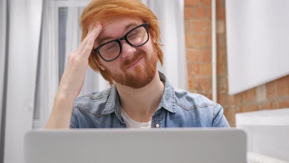 Headache, Frustrated Tired Redhead Beard Man with Stress of Work