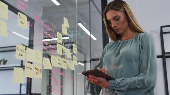 Caucasian businesswoman using tablet brainstorming and reading memo notes on glass wall in office