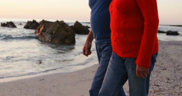 Senior couple walking hand in hand in the beach 4k