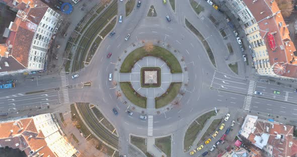 Traffic Circle Roundabout Road Junction, Top View in Sofia, Bulgaria alt