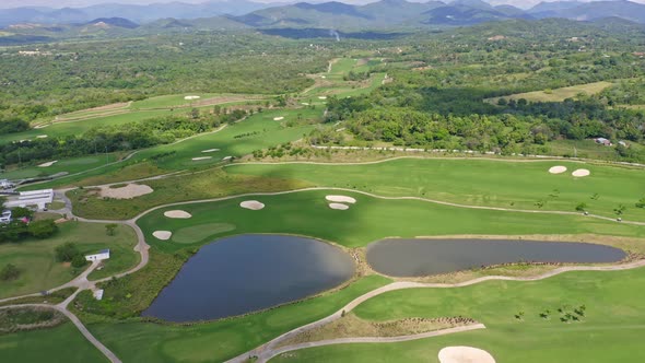 Small lakes at Vistas Golf and Country Club of Santo Domingo, Dominican Republic. Aerial view