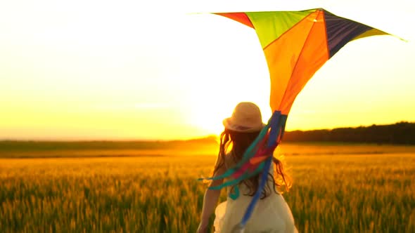 Girl Running Around with a Kite on the Field