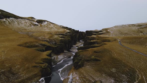 Drone Flight Over Landscape And Fjaorargljufur Canyon