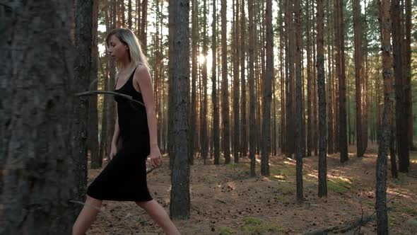 Attractive Model in Bodycon Dress Walks in the Forest on Sunny Day