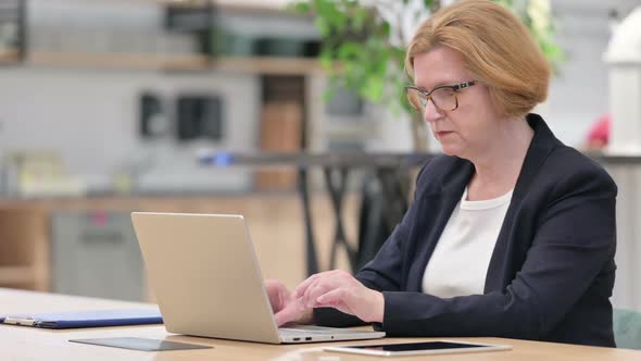 Focused Old Businesswoman Working on Laptop in Office