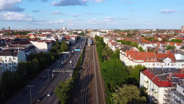 Traffic on Freeway Railway tracks.Perfect stable tripod aerial view flight panorama overview drone