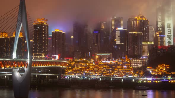 Chongqing Hongyadong Night Cityscape China Timelapse Pan Up