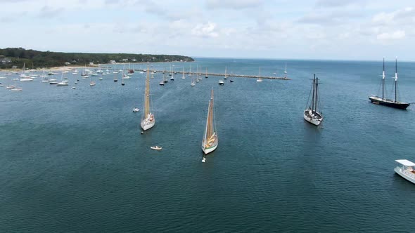 Boats Anchored At The Pier Of Vineyard Heaven In Cape Cod, Massachusetts, USA. aerial