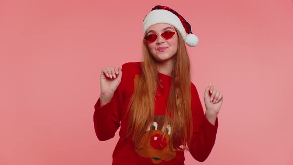 Woman in Christmas Sweater Listening Music Via Earphones Dancing Disco Fooling Around Having Fun