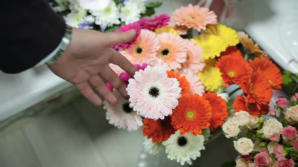 Man Choose a Flower Type for Flowers Bouquet for His Wife at Flower Shop