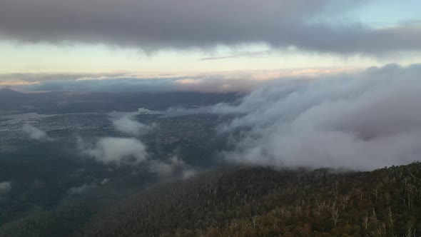 Fog and Mist above Mt Wellington (Kunanyi), Hobart, Tasmania Aerial Drone 4K