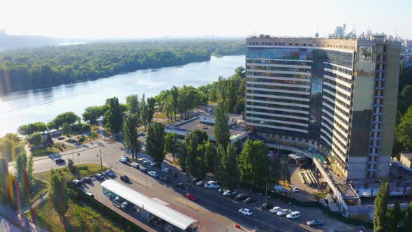 Aerial Drone Footage of Rusanivka District in Kyiv at Sunset Ukraine
