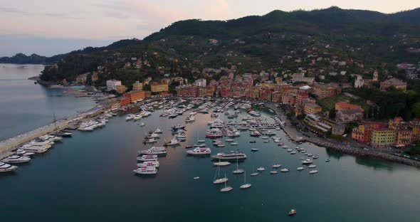 Boats in Portofino Harbor on Beautiful Evening on the Italy Coast - Aerial