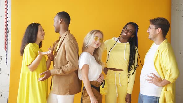 Friendly Multiethnic Group of Youth Have Conversation Isolated on Yellow Background