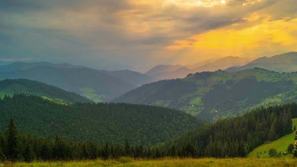 The Mountain Forest on Background of Sunset