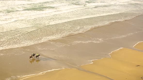 Aerial view of people riding horses on the beach