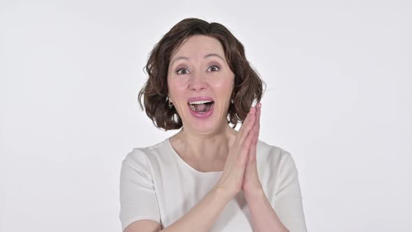 Excited Old Woman Clapping on White Background