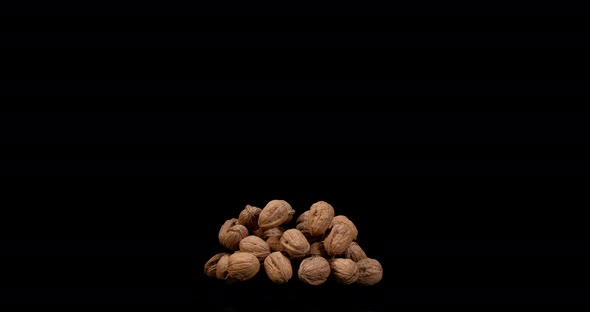 Walnut, juglans regia, Fruits falling against Black Background, Slow Motion 4K