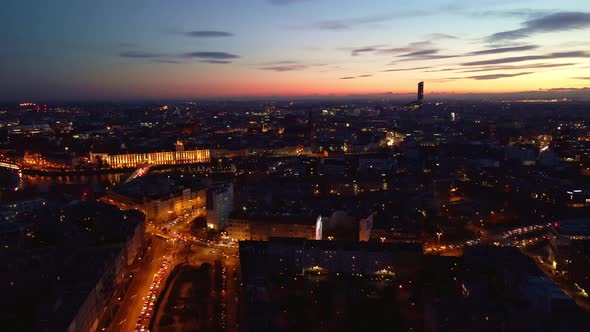 Wroclaw City at Night Aerial View