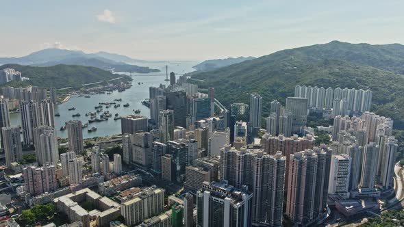 Drone reveals Tsuen Wan Town Center, western New Territories, Hong Kong